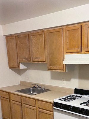 a kitchen with a stove and a sink